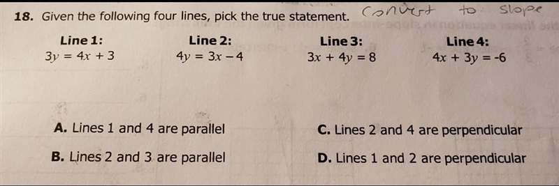 18. Given the following four lines, pick the true statement. Convert Line 1: 3v = 4x-example-1