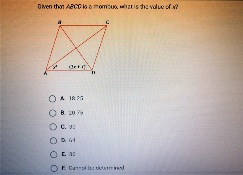 Given that ABCD is a rhombus, what is the value of x?-example-1