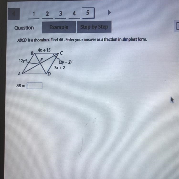 ABCD is a rhombus. Find AB. Enter your answer as a fraction in simplest form. 4x + 15 с-example-1