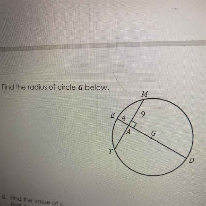 7. Find the radius of circle G below.-example-1