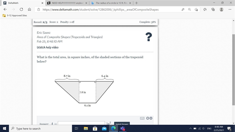 What is the total area, in square inches, of the shaded sections of the trapezoid-example-1