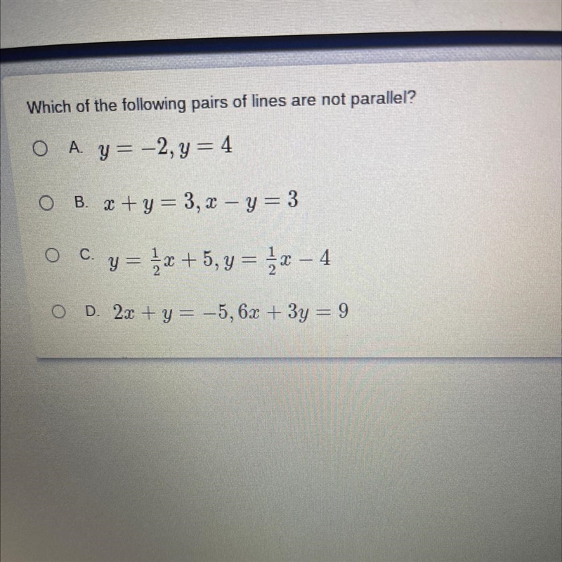 Which of the following pairs of lines are not parallel?-example-1