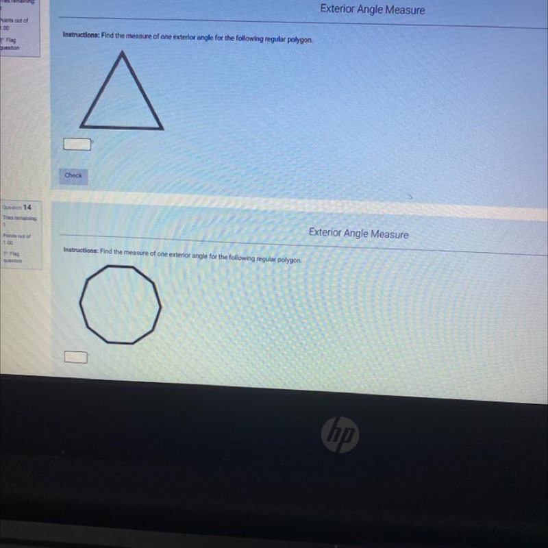 Find the measure of one exterior angle for the following regular polygon that’s for-example-1