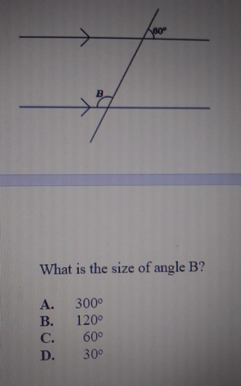 What is the size of angle B? А.3000° B.1200° C.600° D.30°​-example-1