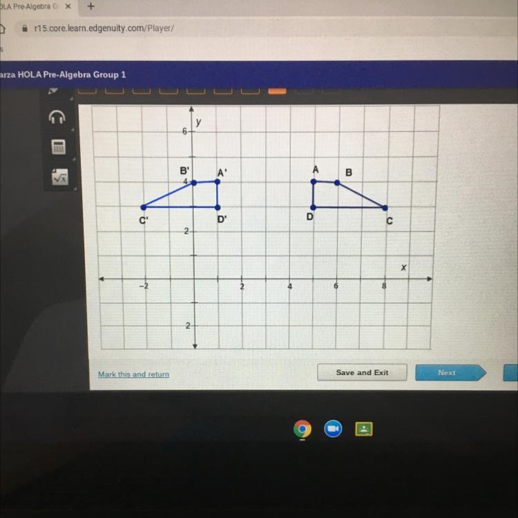 What is the line of reflection for the trapezoids? СЕ A. x= 3 B. y= 3 C. x- axis D-example-1