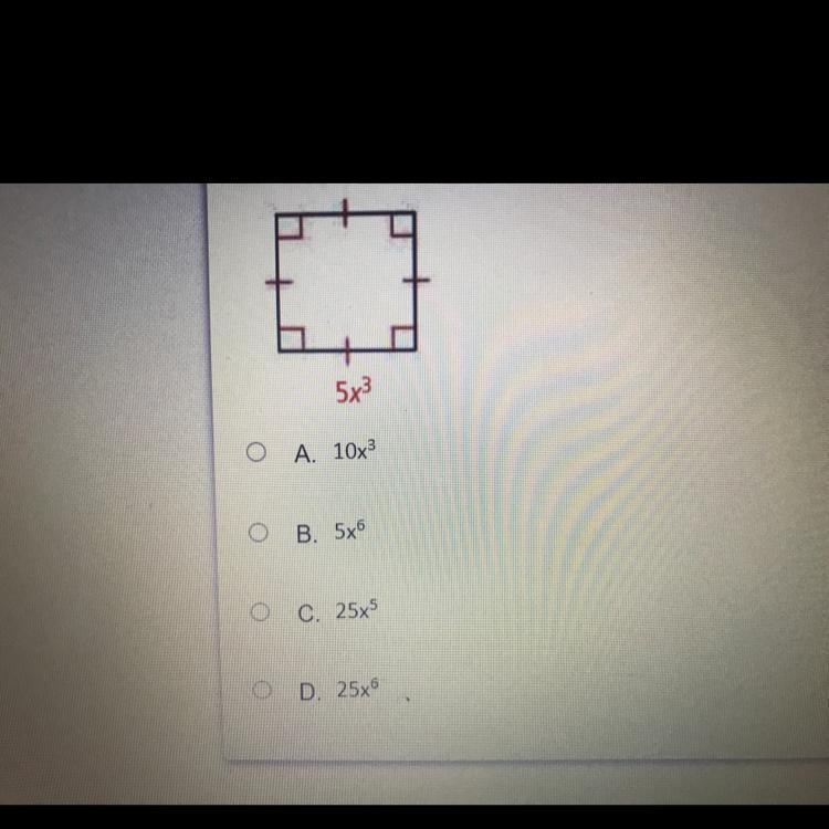 Which expression represents the area of the square? (Hint: A = s^2) 5x A. 10x^3 B-example-1