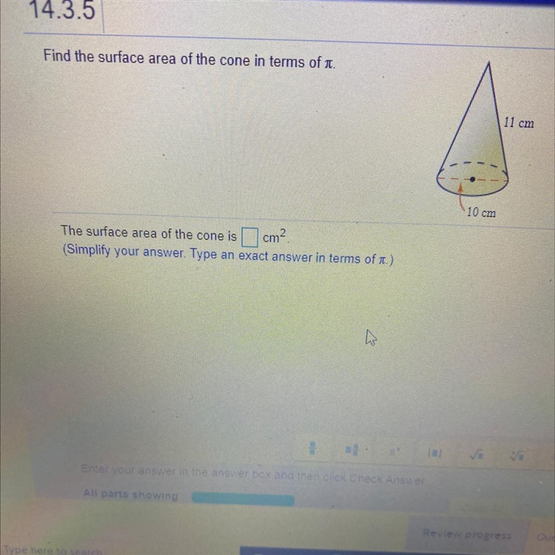 Find the surface area of the cone in terms of pie-example-1