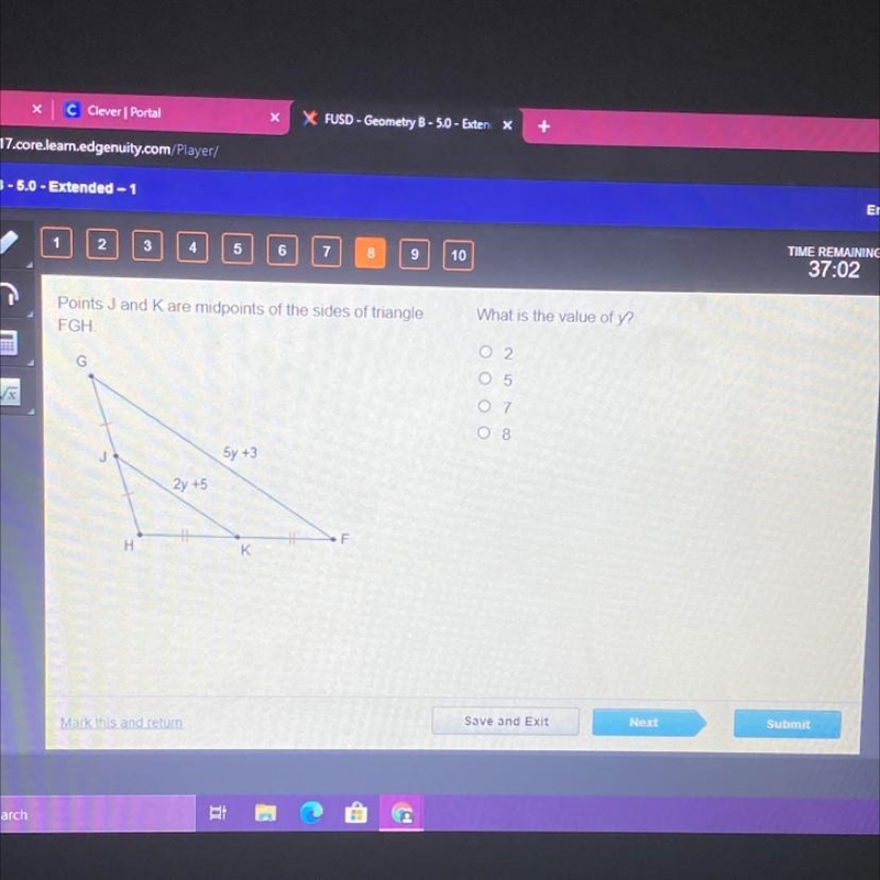 Points J and Kare midpoints of the sides of triangle FGH. What is the value of y-example-1