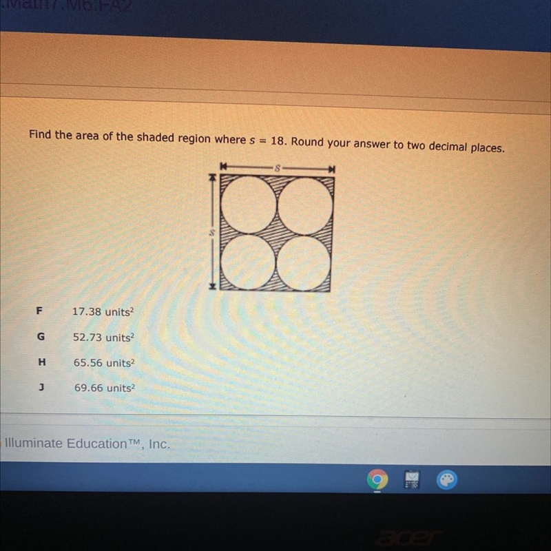 Find the area of the shaded region where s = 18. Round your answer to two decimal-example-1