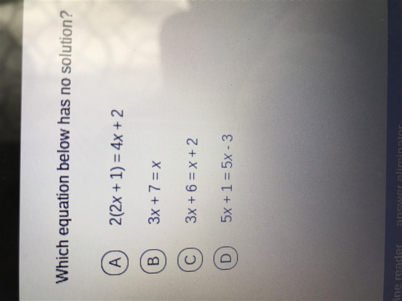 Please help! which equation below has no solution?-example-1