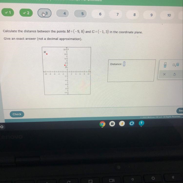 Calculate the distance between the points M=(-9, 8) and G=(-1, 3) in the coordinate-example-1