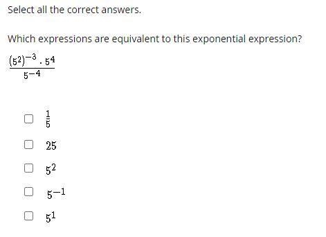 Which expressions are equivalent to this exponential expression?-example-1