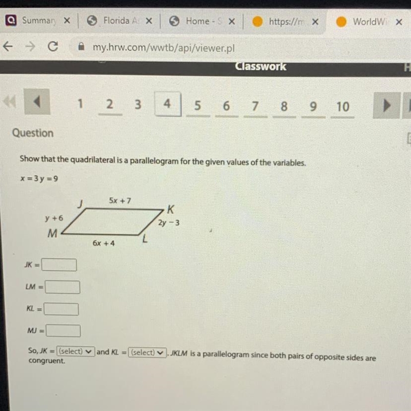 Show that the quadrilateral is a parallelogram for the given values of the variables-example-1