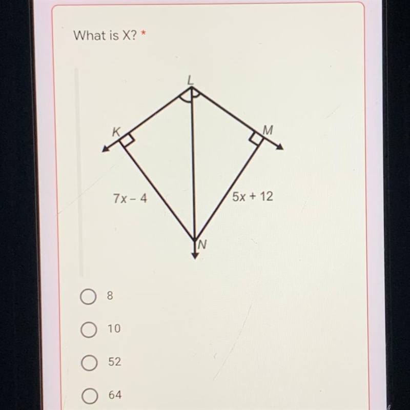 What is X?* 7x - 4 5х + 12 8 10 52 64-example-1