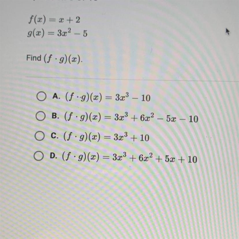 F(x) = x + 2 g(x) = 3x^2 – 5 Find (f • g)(x).-example-1