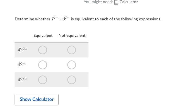 Determine whether 7^2m · 6^2m is equivalent to each of the following expressions: 42^6m-example-1