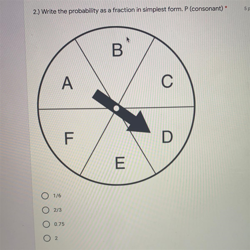 2.) Write the probability as a fraction in simplest form. P (consonant) * 5 points-example-1