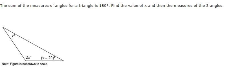 The sum of the measures of angles for a triangle is 180°. Find the value of x and-example-1