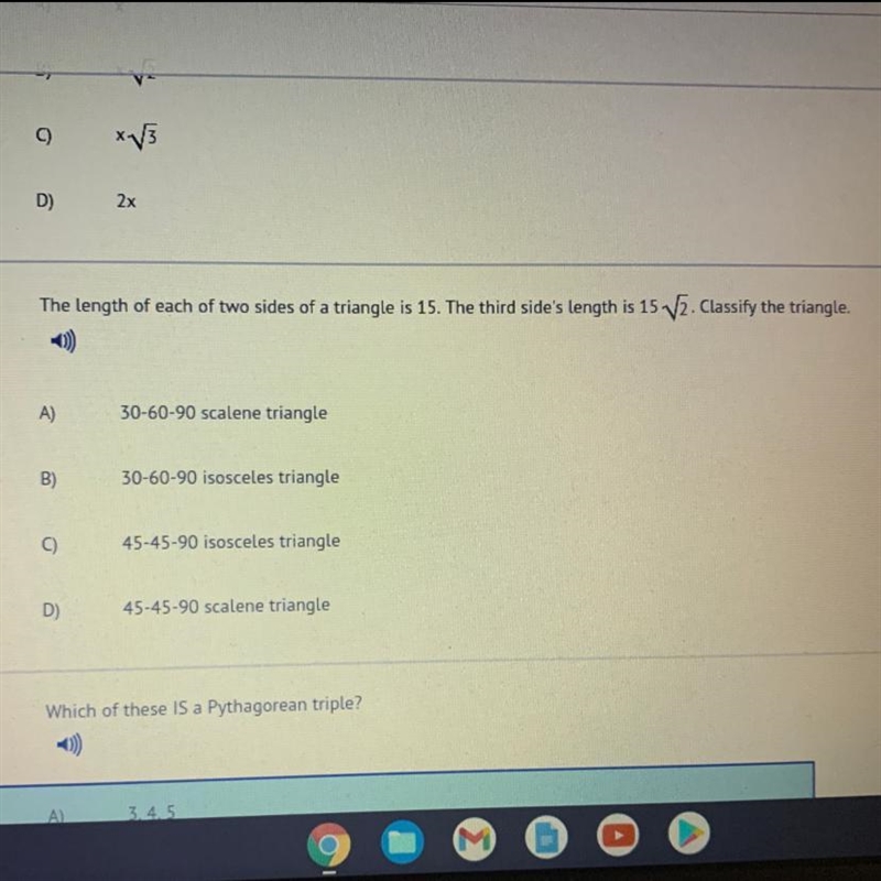 The length of each of two sides of a triangle is The third side's length is 15sqrt-example-1