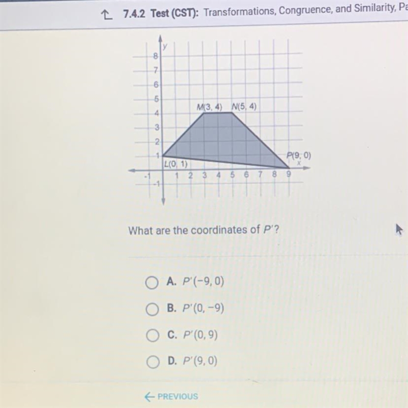 LMNP is rotated 90° clockwise around the origin. What are the coordinates of P'?-example-1