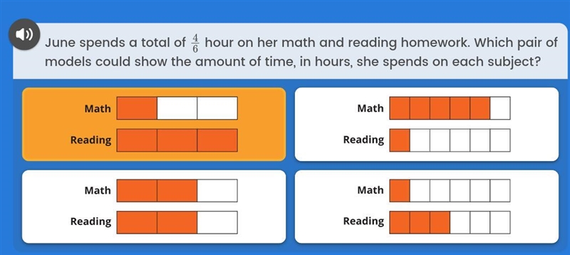 June and the total of 4/6 hour on her math and reading homework which pair of models-example-1