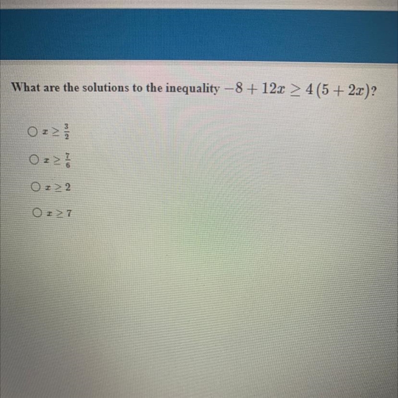 What are the solutions to the inequality —8 + 12x > 4(5 + 2x)?-example-1