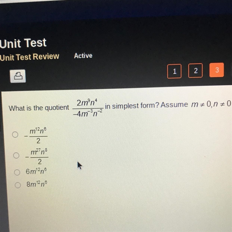 What is the quotient 2mºnº 4mºn in simplest form? Assume m+0,1 +0. man 2 m7n 2 6mln-example-1