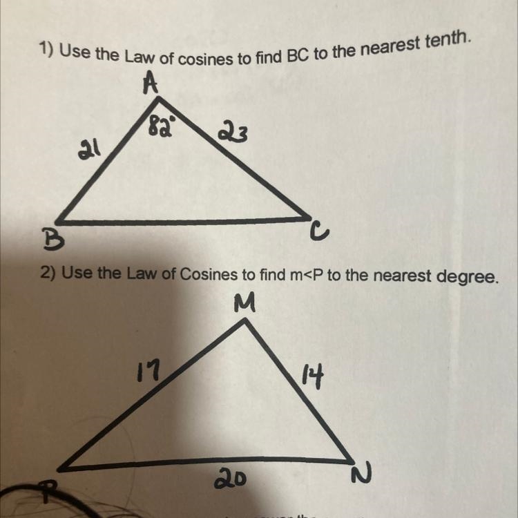 Use the law of cosines to find bc to the nearest tenth-example-1