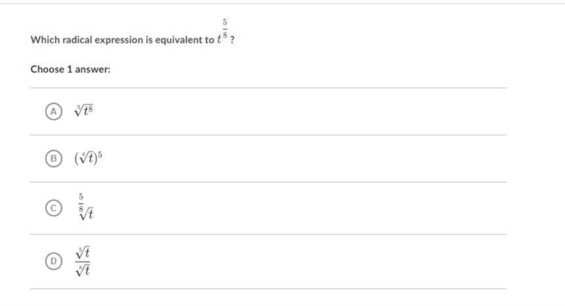 Which radical expression in the picture is equivalent to t^5/8?-example-1