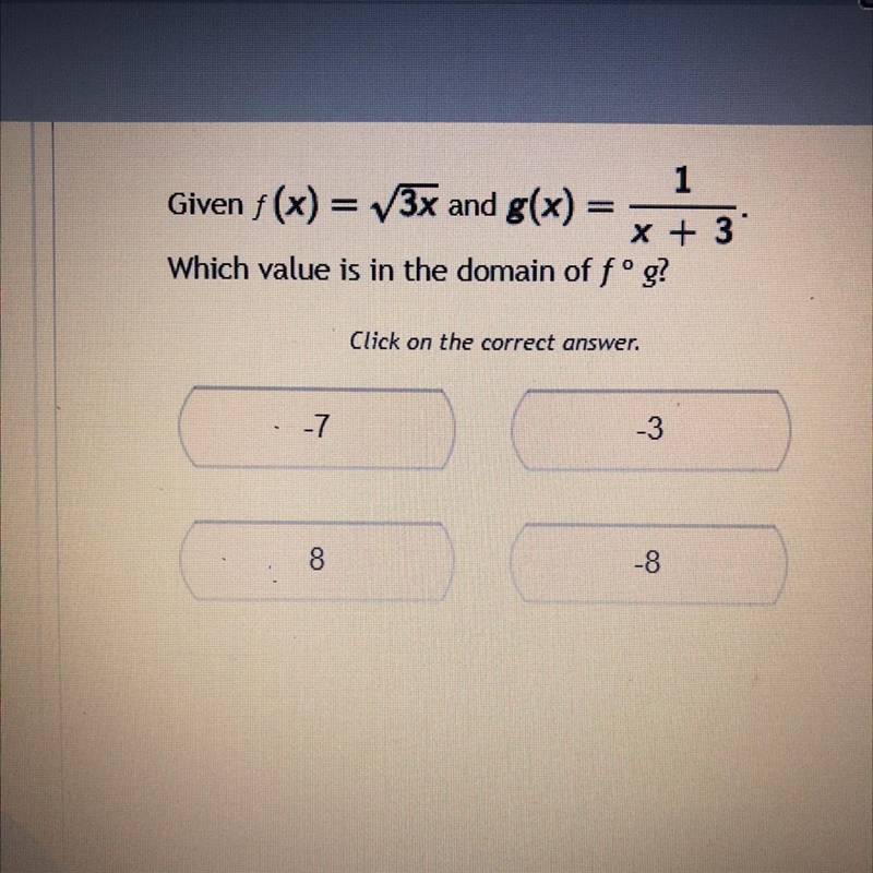 1 Given f (x) = 3x and g(x) = x + 3 Which value is in the domain of fo fºg? Click-example-1