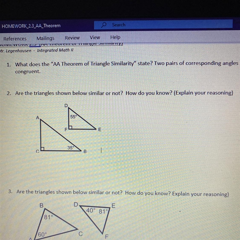 2. Are the triangles shown below similar not? How do you know? (Explain your reasoning-example-1