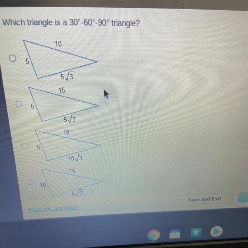 Which triangle is a 30°-60°-90° triangle? 10 O 5,3 15 5 5/5 10 5 10/3 15 10 5./3-example-1