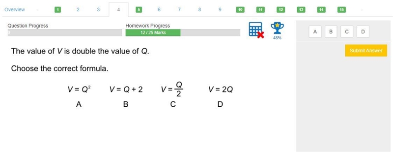 The value of v is double gthe value of q- choose the correct formula-example-1