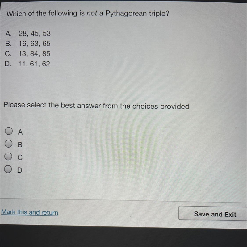 Which of the following is not a Pythagorean triple?-example-1