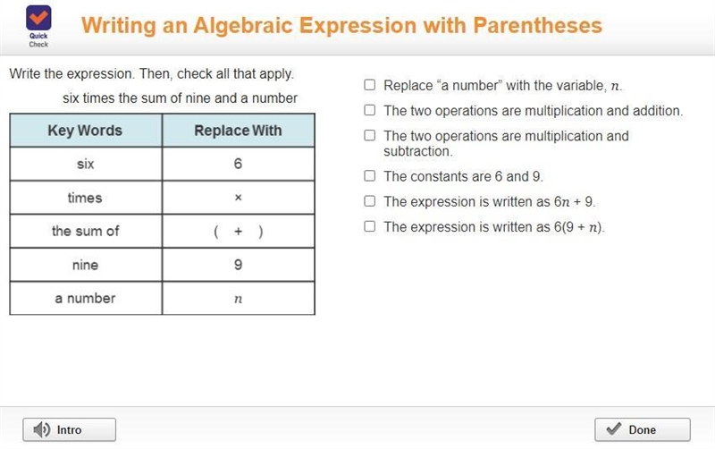 Write the expression. Then, check all that apply. six times the sum of nine and a-example-1