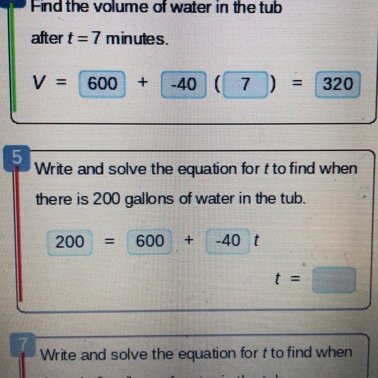 Write and solve the equation for t to find when there is 200 gallons of water in the-example-1