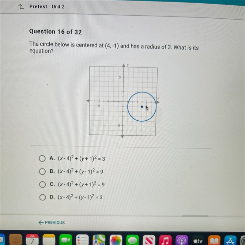 The circle below is centered at (4, q) and has a radius of 3. What is the equation-example-1