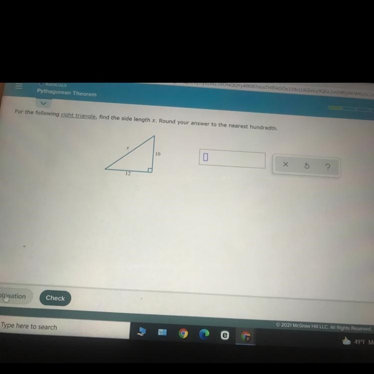 For the following right triangle, find the side length x. Round your answer to the-example-1