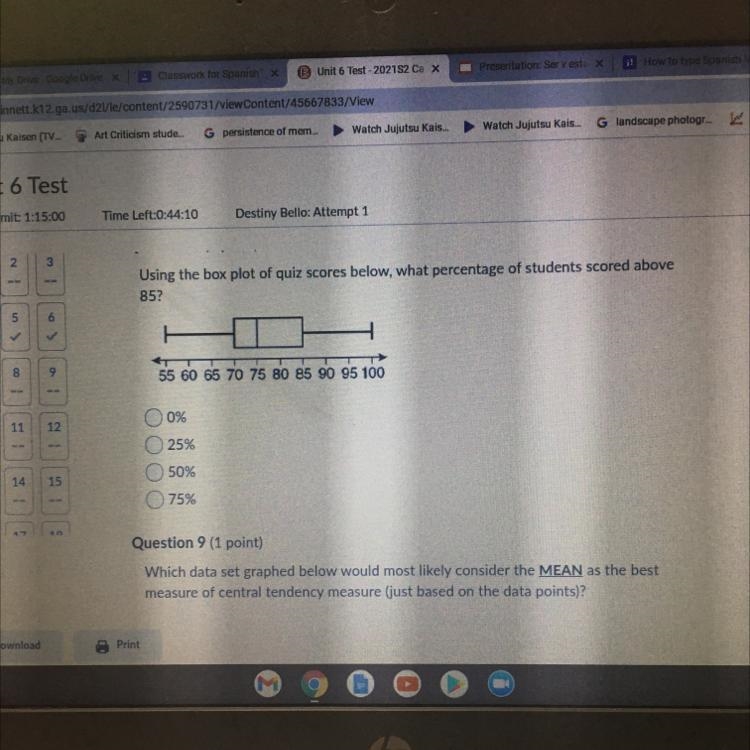 Using the box plot of quiz scores below, what percent age of students scored above-example-1