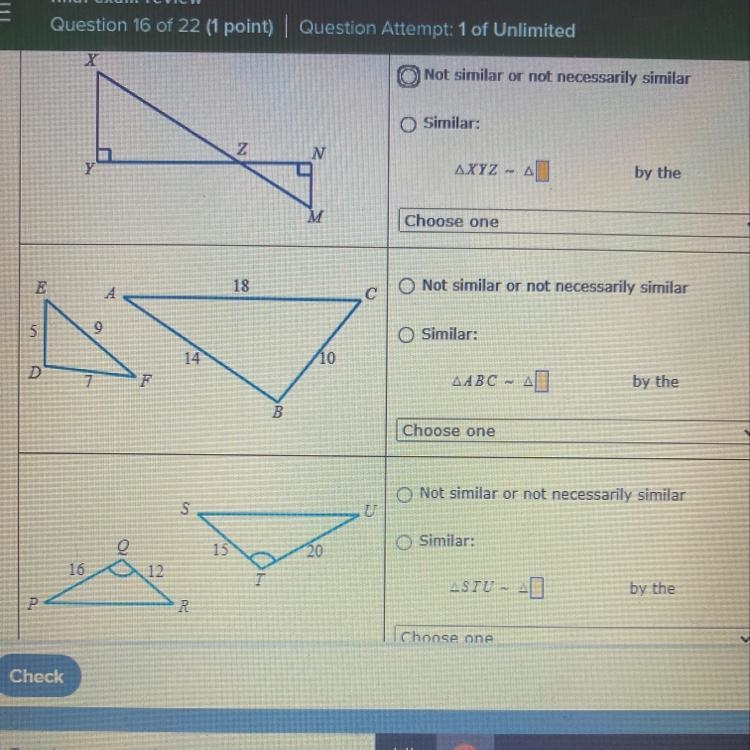 Decide whether the triangles are similar. If they are, write a similarity statement-example-1