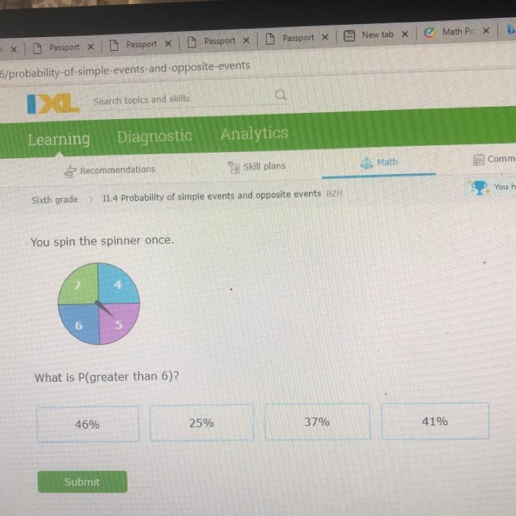 You spin the spinner once. What is P(greater than 6)?-example-1