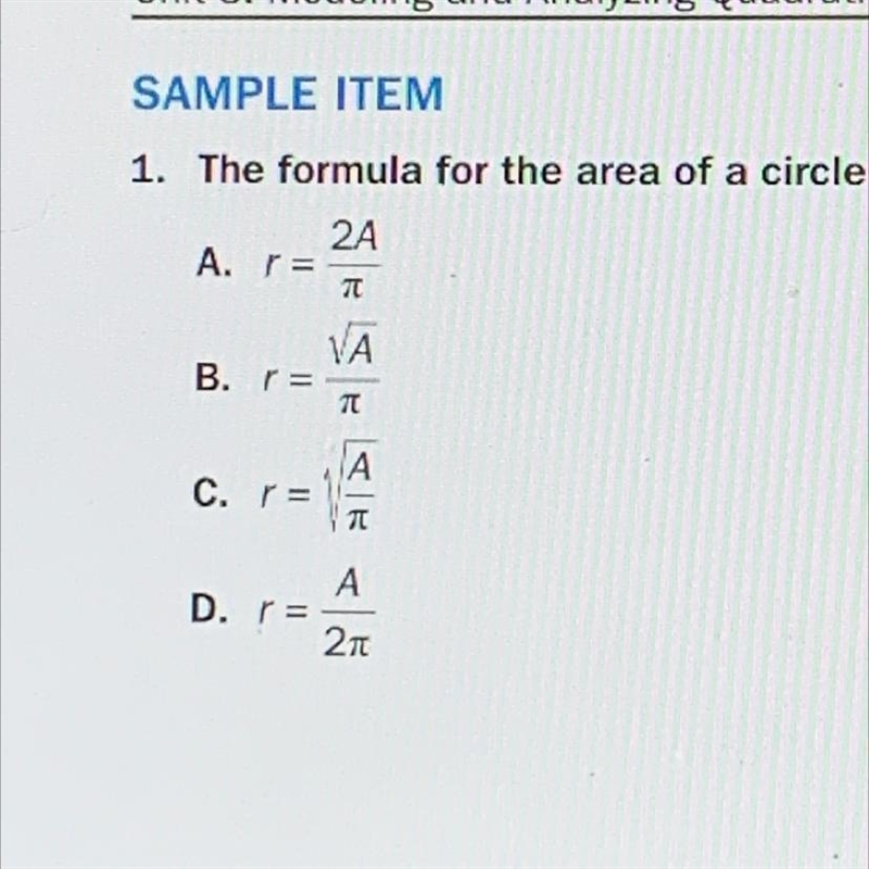 The formula for the area of a circle is A = π r^2? Which equation shows the formula-example-1