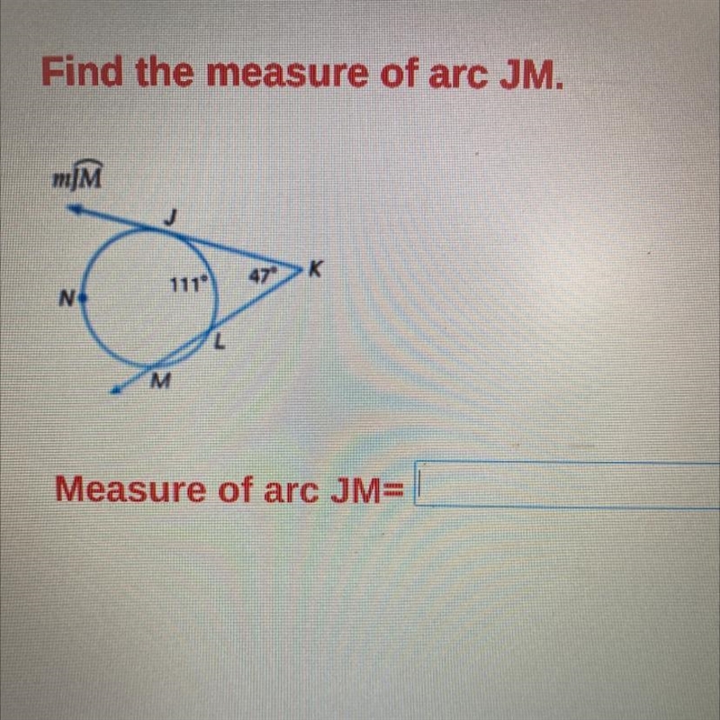 Find the measure of arc JM.-example-1