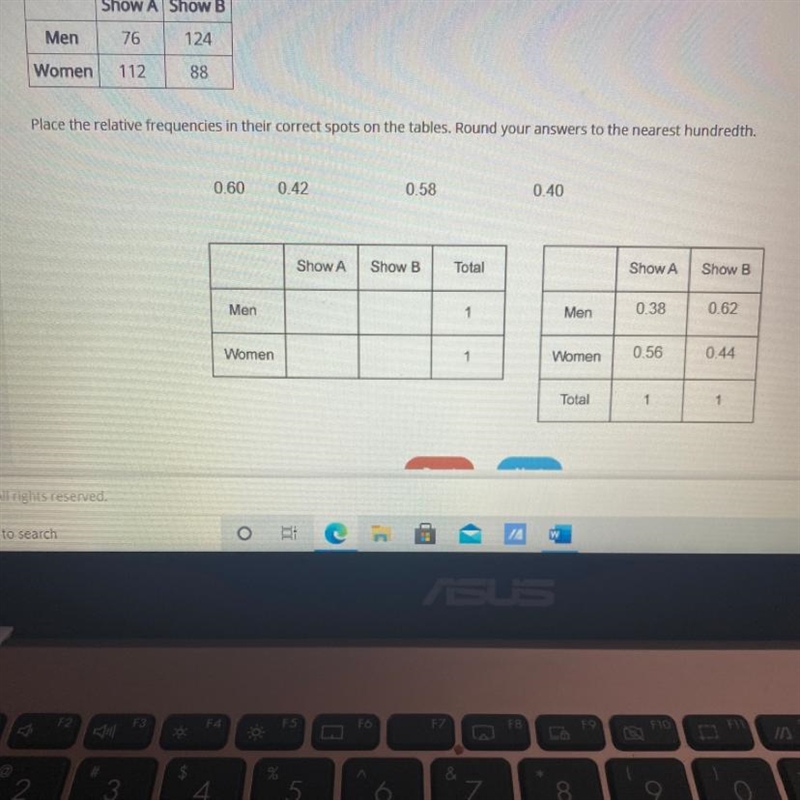 Place the relative frequencies in their correct spots on the tables. Round your answers-example-1