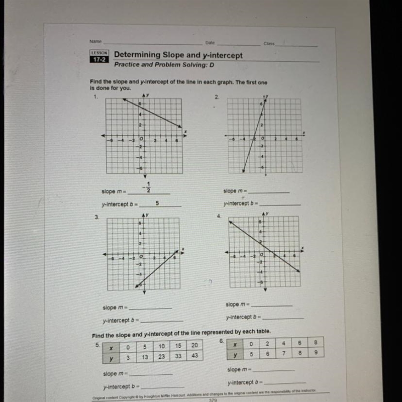 Find the slope and y-intercept of the line graph. The first one is done for you.-example-1