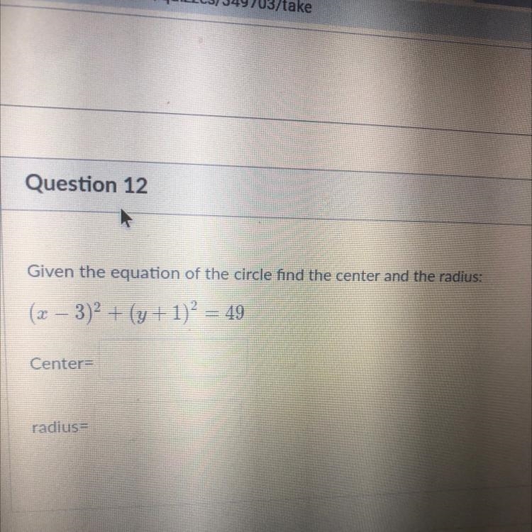 Given the equation of the circle find the center and the radius: (x - 3)2 + (y + 1)2 = 49-example-1