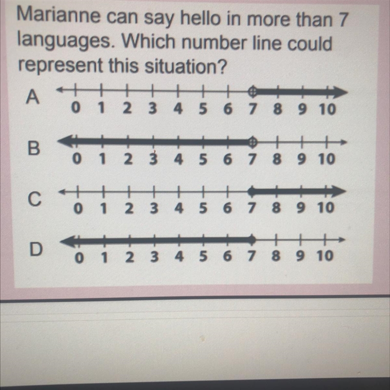 Marriane can say hello in more than 7 languages. Which number line could represent-example-1