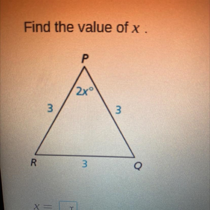 Finding value of x. PQR P- 2x° 3 3 3-example-1