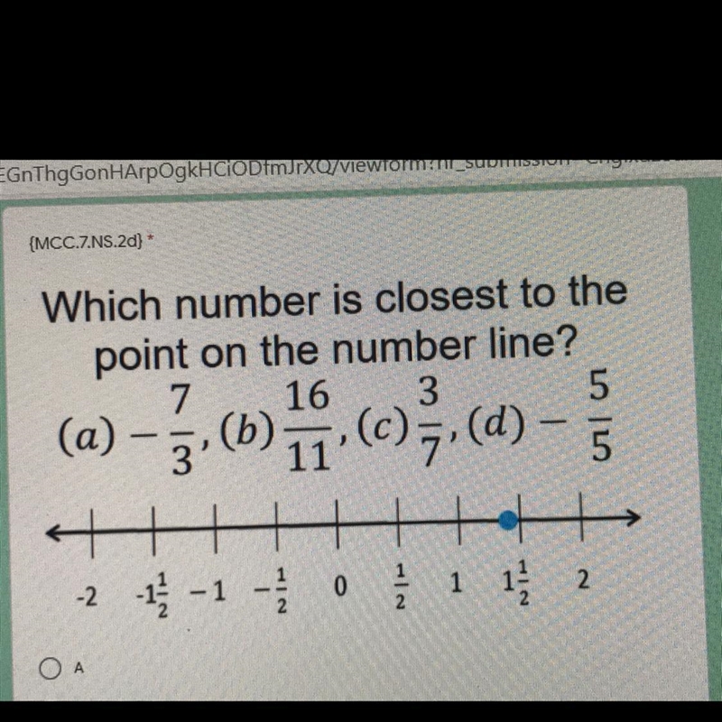 Which number is closest to the point on the number line? A) -7/3 B) 16/11 C) 3/7 D-example-1