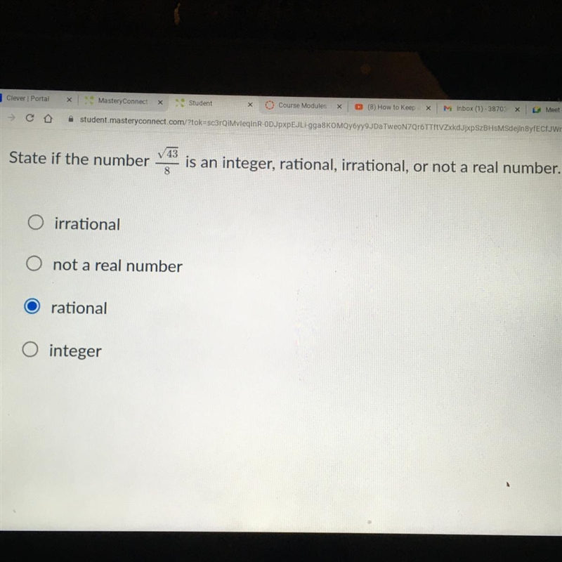 State if the number is an integer, rational, irrational, or not a real number, irrational-example-1